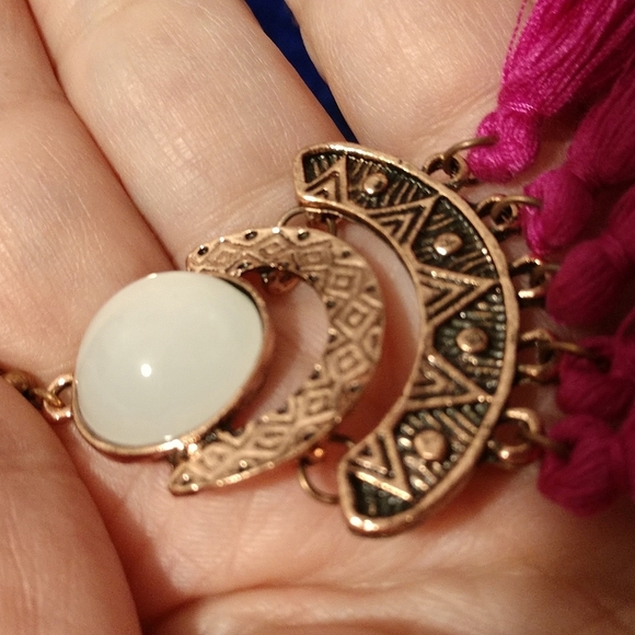 Moonstone Fuchsia Tassel 3.5" Fishhook Earrings Boho Aztec Lightweight - Picture 3 of 8